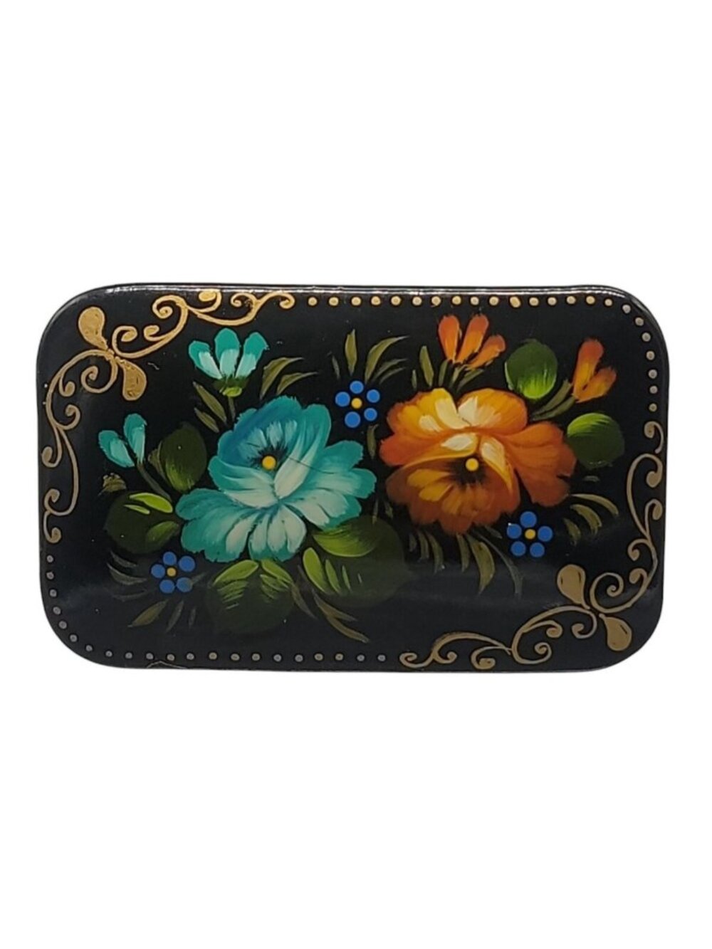 Vintage Russian Lacquer Brooch Hand Painted Colorful Floral Signed Gold Border